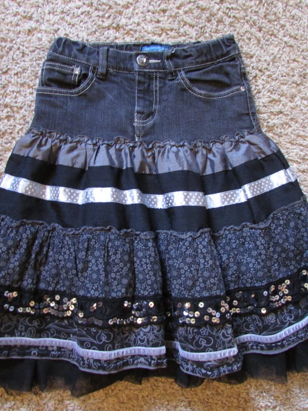 The Children's Place 6X 7 Black Denim Ribbon Sequin Layered Bottom Boho Skirt